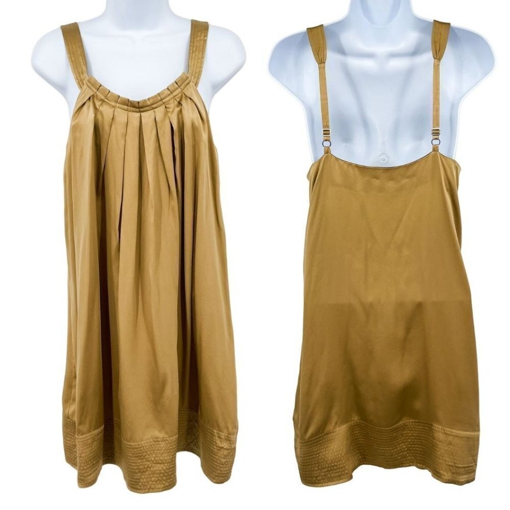 BCBG BCBGMaxAzria 100% Silk Gold Pleated 2000s Y2K Sleeveless Mini Slip Dress